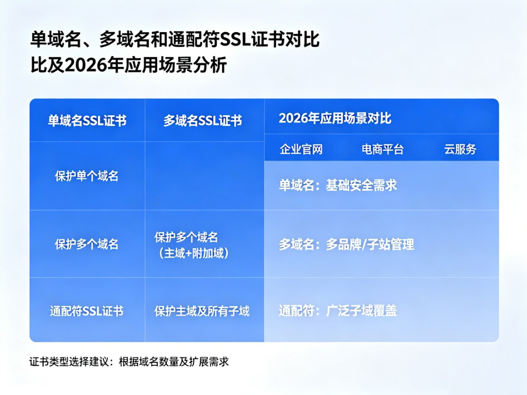 什么是单域名、多域名和通配符SSL证书？2026年证书应用场景对比